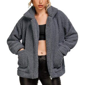 👑Women's Classic Gray Casual Fleece Zipper Oversized Outwear Coat Warm Jacket